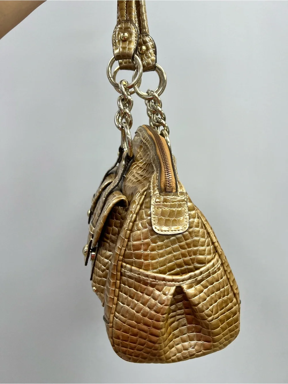 Kathy Van Zeeland Y2K Gold Croc-Embossed Chain Handle Shoulder Bag